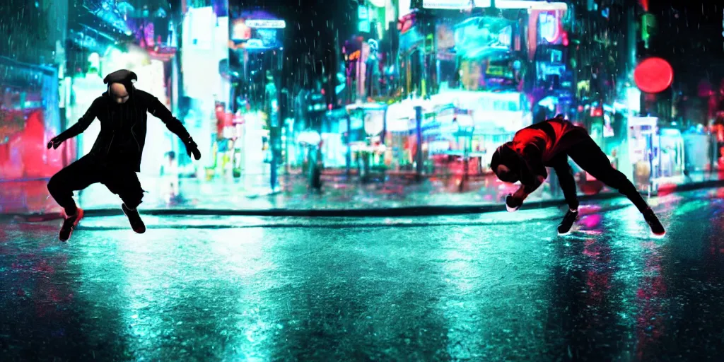 Image similar to cinematic camera wide angle of slow motion film still of futuristic break dancer wearing neon lights, long exposure shot , at night in the middle of a rainy street, paddle of water, water splashes, rim lights, glossy reflections, water droplets on lens, octane render, detailed and soft, by jimbo phillips santa cruz