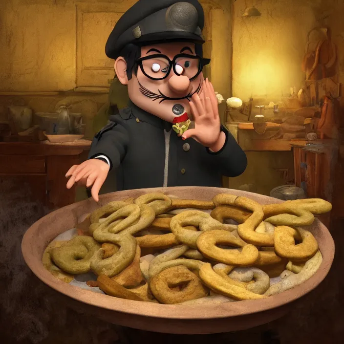 Image similar to postman pat devouring a bowl of worms, unreal engine, c 4 d, maya, museum ink painting, smooth, natural background, cinematic lighting, 8 k, artstation, concept art, aesthetic