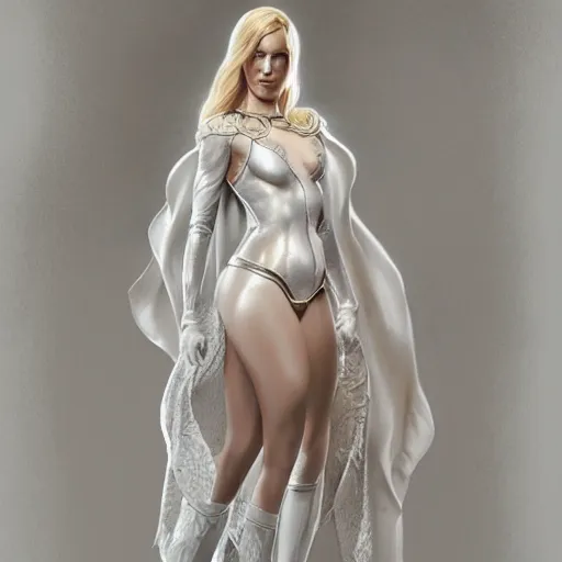 Prompt: full figure ultra realistic illustration, evan rachel wood as emma frost, intricate, elegant, highly detailed, digital painting, artstation, concept art, smooth, sharp focus, illustration, art by artgerm and greg rutkowski and alphonse mucha