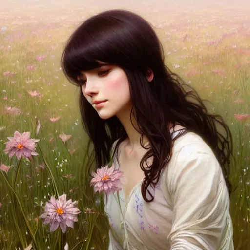 Prompt: a beautiful girl with dark hair and bangs, sitting in a field of flowers, fantasy, intricate, elegant, highly detailed, digital painting, artstation, concept art, matte, sharp focus, illustration, art by Artgerm and Greg Rutkowski and Alphonse Mucha