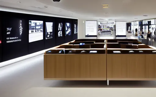 Image similar to A flagship Samsung store. black walls. timber floor. high ceilings with spots. wood furniture with large digital screen. display tables with phones and tablets, pots with plants, digital screens on the walls, Architectural photography. 14mm. High Res 8K. award winning architectural design, inspired by Arne Jacobsen, Niels Otto Møller, Verner Panton, Scandinavian Design, warm and happy, inviting