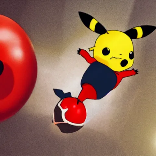 Image similar to A tomato and Pikachu on drugs flying Indoor skydiving in the ancient world, tripping, hyperreallistic