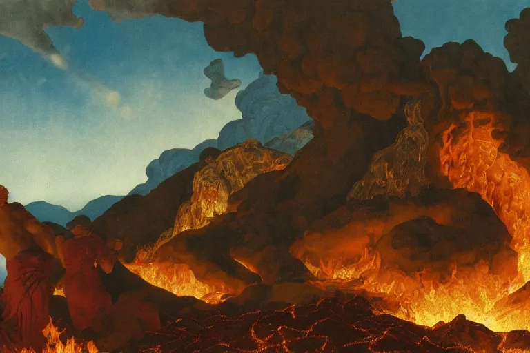 Prompt: painting of the hell, fire, lava, clouds, romantic, by ludwig deutsch and maxfield parrish, patterned tilework, extremely detailed, cinematic lighting, smooth sharp focus
