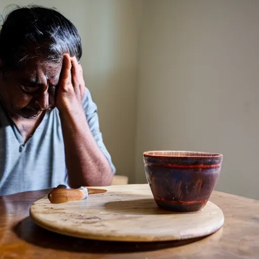 Prompt: Indian dad crying and sitting while looking at spilled milk on his wooden table, photo dslr