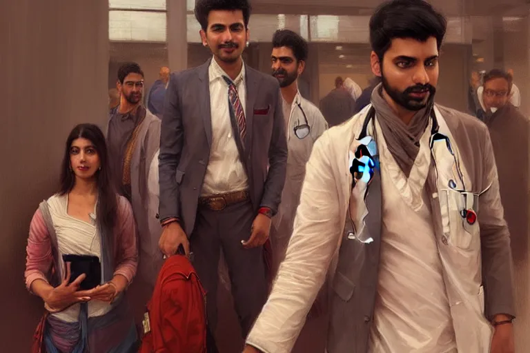 Image similar to Enraged good looking pale young Indian doctors wearing American clothes chatting at the airport, portrait, elegant, intricate, digital painting, artstation, concept art, smooth, sharp focus, illustration, art by artgerm and greg rutkowski and alphonse mucha