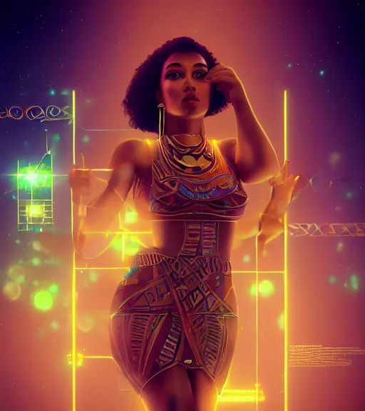 Image similar to symmetry!! egyptian princess of technology, solid cube of light, hard edges, product render retro - futuristic poster scifi, lasers and neon circuits, beautiful brown skin woman egyptian princess, intricate, elegant, highly detailed, digital painting, artstation, concept art, smooth, sharp focus, illustration, dreamlike, art by artgerm