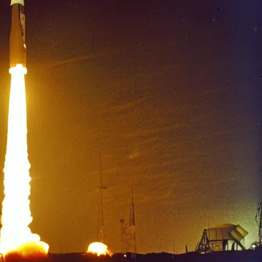 Prompt: a gigantic birthday candle on the launch pad for the Apollo 11 mission