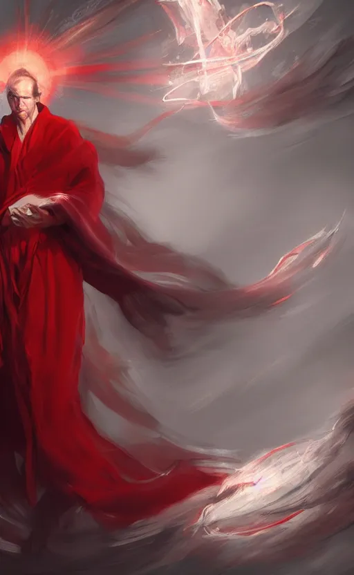Image similar to man with long red robe over a white shirt magic wand raised high, facing camera, swirling magical energy, magic realism, artwork by chengwei pan, trending on artstation
