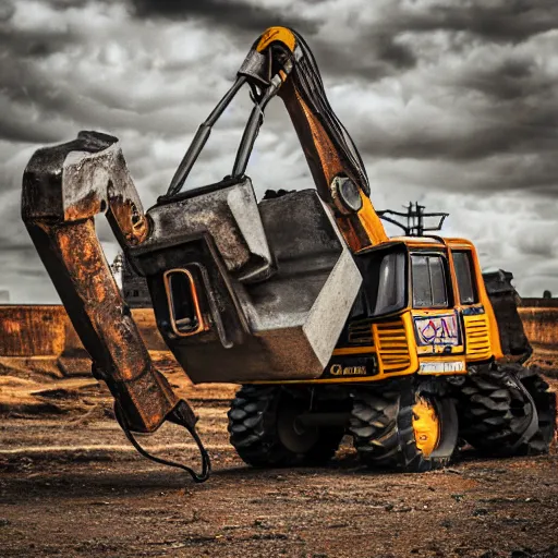 Image similar to giant scary treaded mining robot with drill, mining scrap metal, highly detailed body, retro, industrial, dark, dystopian, apocalyptic, clean, 8 5 mm f / 1. 4