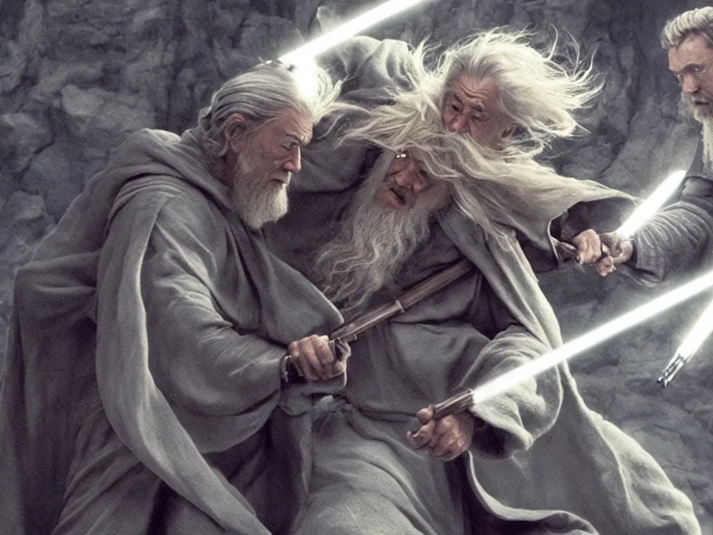 Image similar to Obi Wan fighting Gandalf