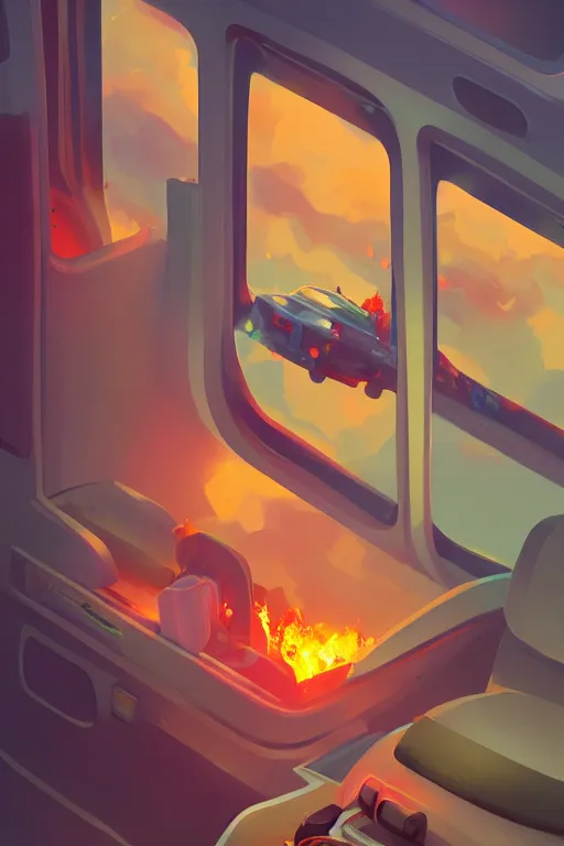 Prompt: passenger looking city on fire at window in airplane, Andrew McIntosh, Umeshu Lovers, Sylvain Sarrailh, LiXin Yin, trending on artstation