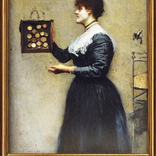 Image similar to woman collecting antique coins by alfred stevens