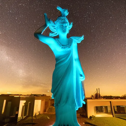 Image similar to a giant beautiful glowing blue goddess in the night sky