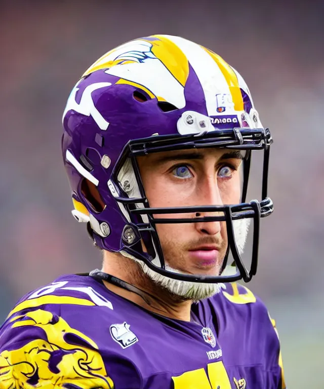 Image similar to extreme close up photo of adam thielen taken with an ultra wide angle lens