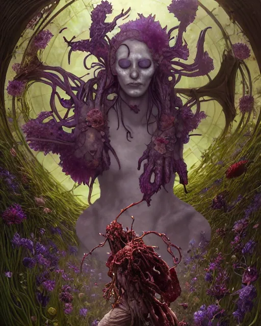 Image similar to the platonic ideal of flowers, rotting, insects and praying of cletus kasady carnage thanos davinci dementor wild hunt chtulu mandelbulb ponyo heavy rain the witcher, d & d, fantasy, ego death, decay, dmt, psilocybin, concept art by randy vargas and greg rutkowski and ruan jia and alphonse mucha