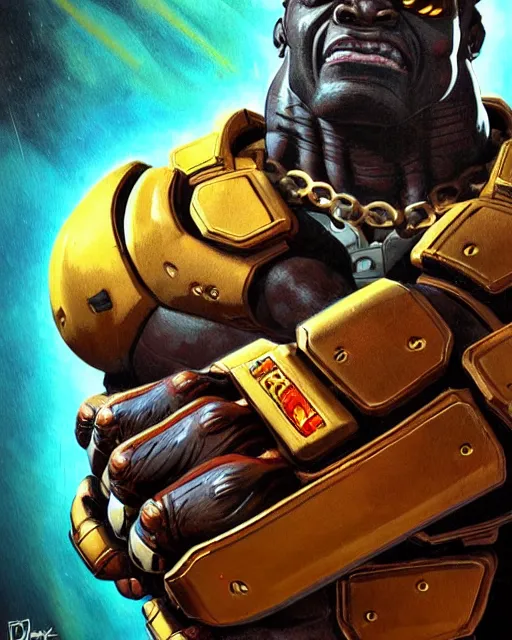 Image similar to doomfist from overwatch, aggressive expression, elegant, leopard print, character portrait, portrait, close up, concept art, intricate details, highly detailed, vintage sci - fi poster, retro future, in the style of chris foss, rodger dean, moebius, michael whelan, and gustave dore