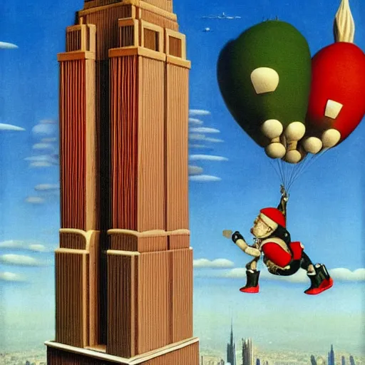 Image similar to Jetpack wearing a Santa flying near the empire state building jacek yerka greg rutkowski giorgio de chirico john currin clarence holbrook carter mark ryden