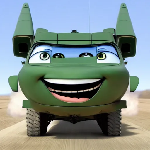 Image similar to HIMARS with missile, eyes and smile, Cars Pixar movie style, detailed, green