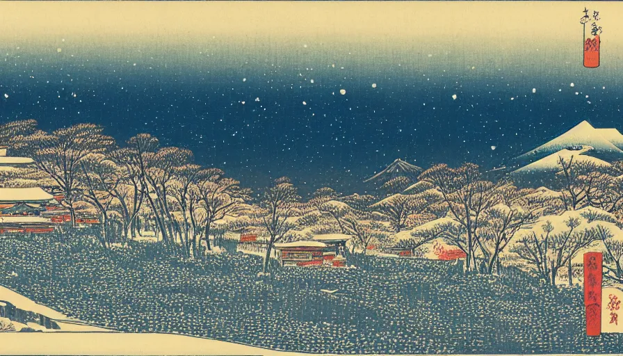 Image similar to snow field scenery at night, snowy and windy, with some tombs on the hill, by hiroshige utakawa, ukiyoe