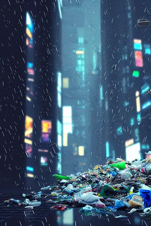 Image similar to trash falling from the sky, cyberpunk