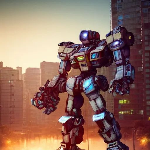 Image similar to a beautiful hyperrealistic ultradetailed 3D render of a gigantic mecha standing behinder the city, by brian sum and stephen martiniere and Antonio Manzanedo. mech, octane render, PBR, 3D, brilliantly colored, intricate, wide angle, volumetric lighting, polished, path tracing