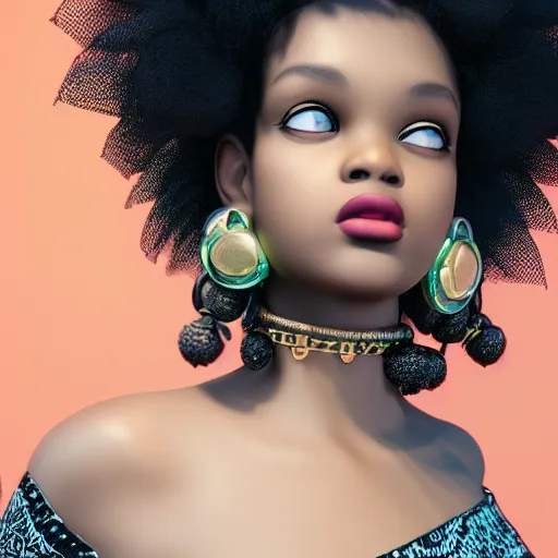 Image similar to young, super cute funky black girl, afro, intricate hair details, jewellery, big hooped earrings, long nails, off the shoulder shirt, sultry look, soulful, pouty lips, adorable, disney, real life, octane render, 8 k, volumetric lights, rim light, character details, 3 d, award winning, model, beautiful, gorgeous