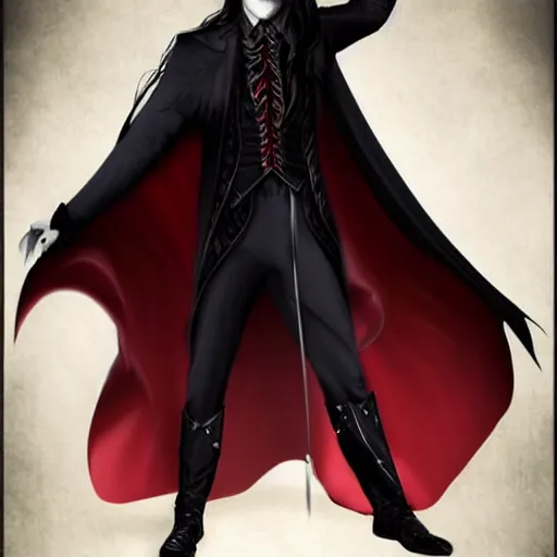 Image similar to a vampire, male, late - 4 0 s aged, long, slicked black hair, clean shaven, wearing a cape, regal, royal, grim facial expression, high fantasy, full color digital art, cinematic shot, full body shot.