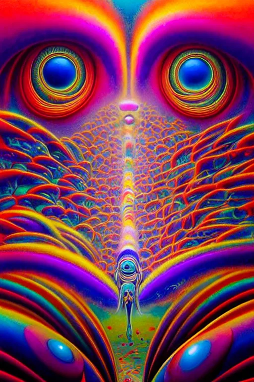 Image similar to hyperrealistic abstract close-up Renaissance psychedelic!! celestial happy! pure creature!! peaceful! kind spirit of nature! beautiful fractal!! eyes! highly detailed concept art eric zener elson peter cinematic hard rainbow lighting high angle hd 8k sharp shallow depth of field endless, inspired by Zdzisław Beksiński Salvador Dali