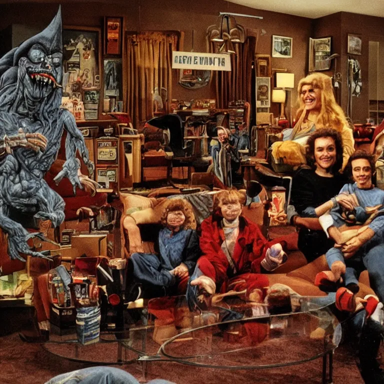Image similar to 1 9 8 0's sticom octane render by wayne barlow and carlo crivelli and glenn fabry, a happy smiling family with a dark evil cruel scary demon inside a 1 9 8 0's sitcom living room, cinema 4 d, ray traced lighting, very short depth of field, bokeh