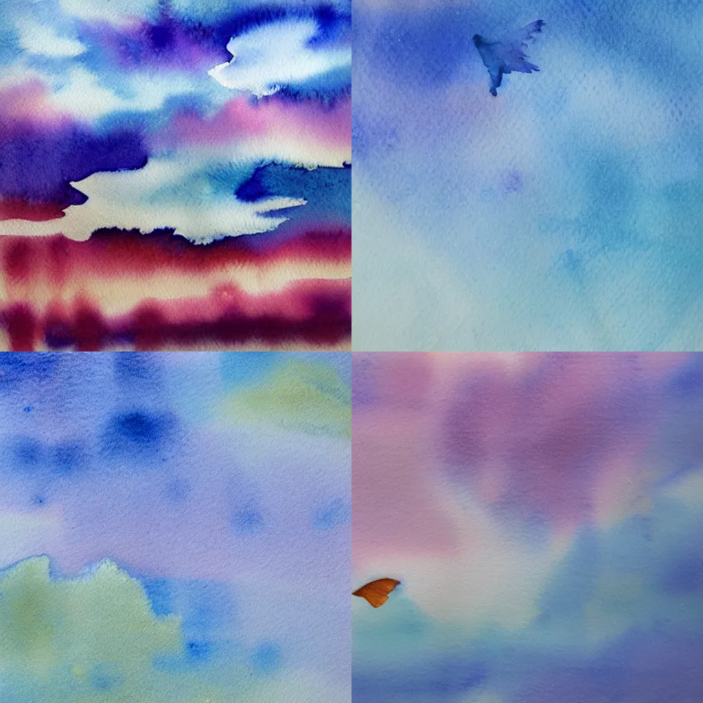 Prompt: a tissue paper humming flying in a watercolor sky