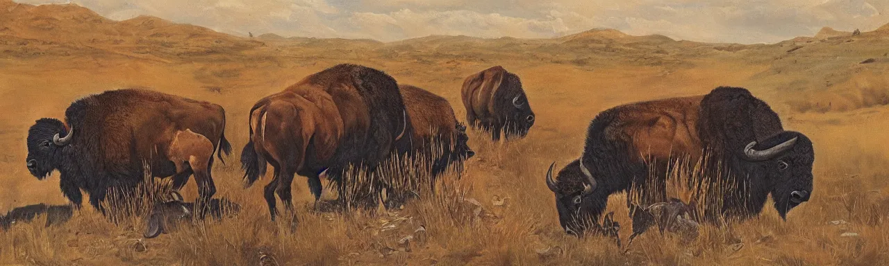 Prompt: western themed painting of fear of bison with snakes for legs