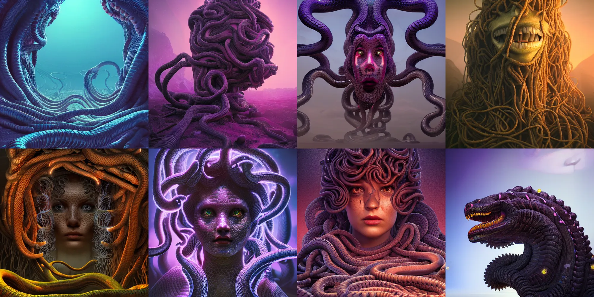 Image similar to beautiful dark medusa gorgon gaze head, highly detailed snakes, beautiful dark creepy landscape, in the style of beeple and mike winkelmann, intricate, epic lighting, cinematic composition, hyper realistic, 8 k resolution, unreal engine 5, raytracing, ultraviolet colors,