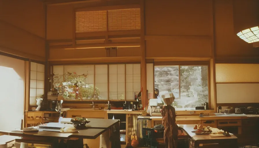 Image similar to 1 9 9 0 s candid 3 5 mm photo of a beautiful day in the family kitchen, cinematic lighting, a japanese pagoda temple bursts through the floor, a pagoda is in the living room, cinematic look, golden hour, uhd