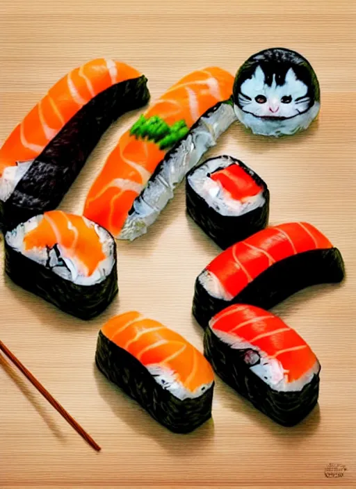 Image similar to clear photorealistic picture of adorable cats made out of sushi