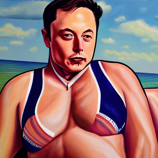 Image similar to photorealistic painting of Elon Musk wearing a bikini