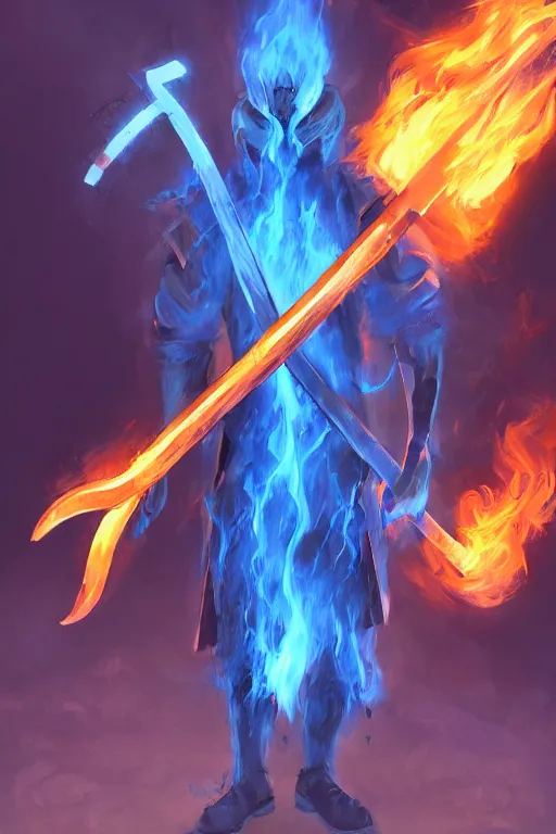 Image similar to a mysterious man holding a fire scythe in blue flames, WLOP, Ross Draws, mixed media, digital art, trending on artstation, 8k, epic composition, highly detailed, AAA graphics