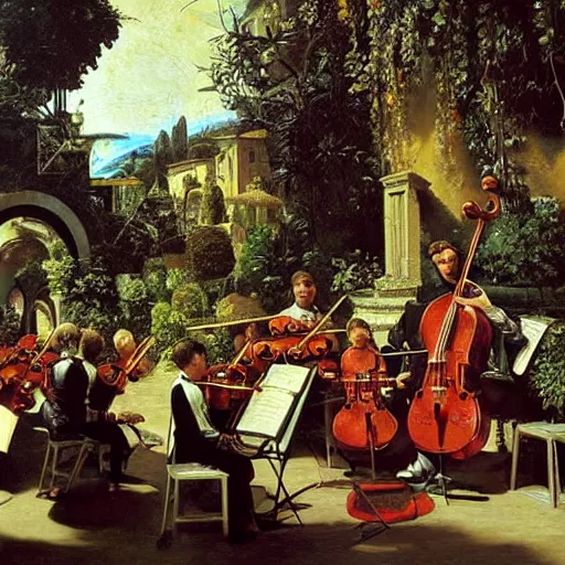 Image similar to oil painting of an orchestra playing at an italian plaza, hanging gardens, renaissance, art by caravaggio, greg staples, mark zug