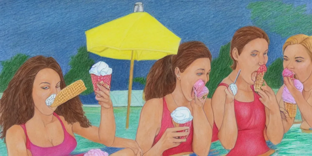 Image similar to colored pencil drawing of two women eating ice cream at the pool, one has two scoops of rainbow sherbet and the other has a huge waffle cone of vanilla