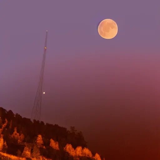 Prompt: Night photography of a misty mountain with a radio tower on top, and a yellow moon directly behind it. Lens compression