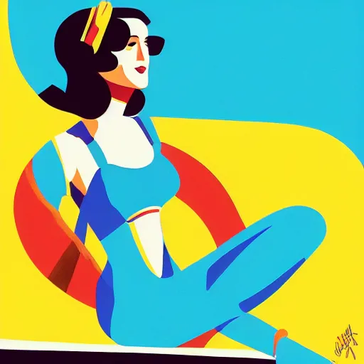 Image similar to a painting of a woman in a bathing suit sitting on a boat, an art deco painting by tom whalen, trending on behance, art deco, digital illustration, storybook illustration, art deco, flat shading, vector art, airbrush