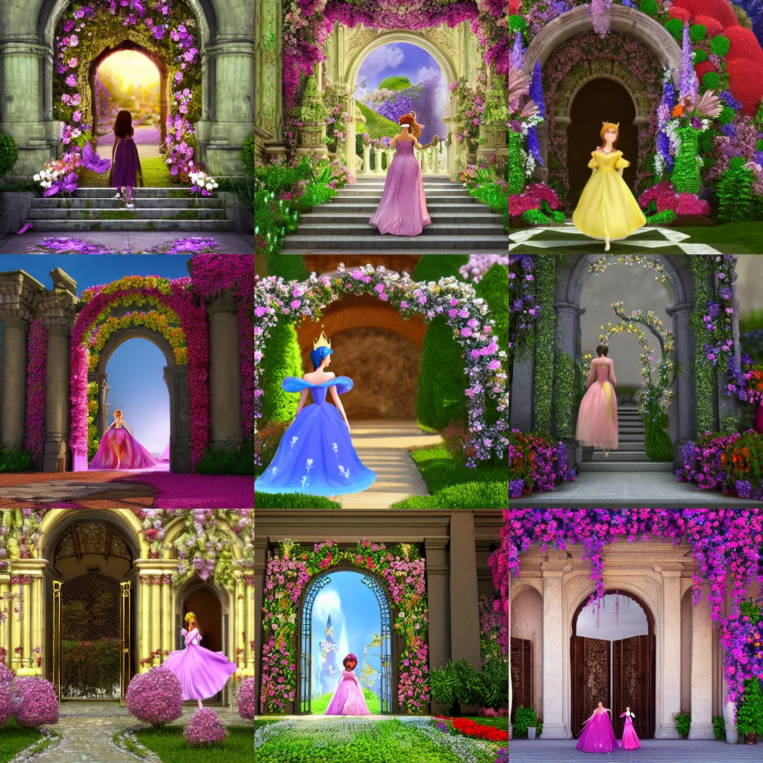 Prompt: a fairytale princess entering the gates of her majestic palace made of flowers epic scene unreal render hyperrealistic 4K detailed