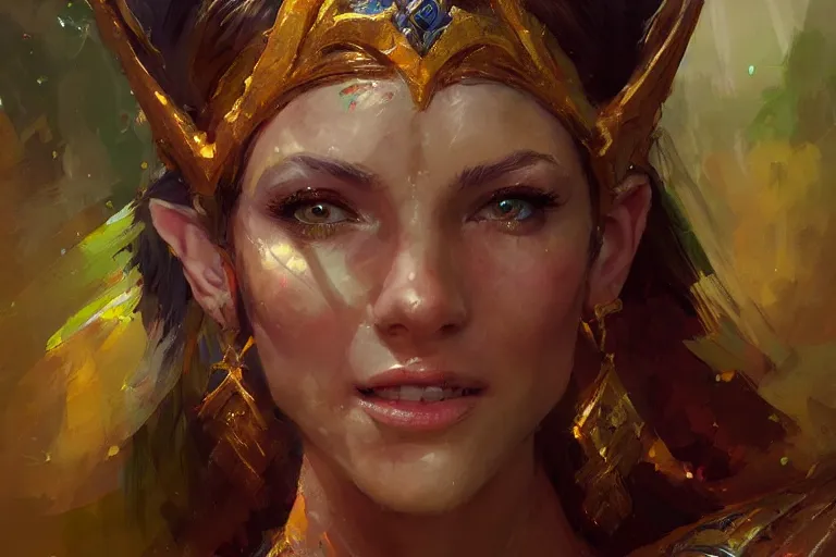 Image similar to A bright, happy painting of an elven queen by Craig Mullins, beautiful, hyperrealistic, realistic face, high-quality, professional, dramatic lighting, extremely high detail, trending on artstation