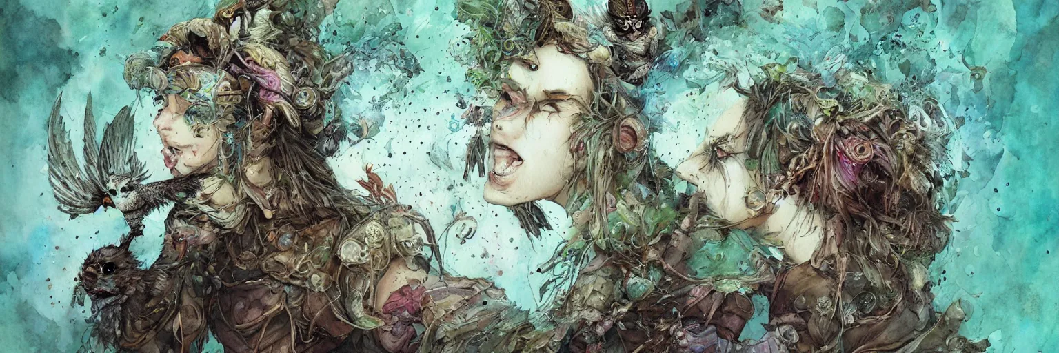 Prompt: plant based warrior monk wearing augmented reality visor and seductive owl sorceress fighting side by side by Jean-Baptiste Monge, post processing, painterly, book illustration watercolor granular splatter dripping paper texture. Trending on artstation, post processing, pen and ink work. sharp focus.