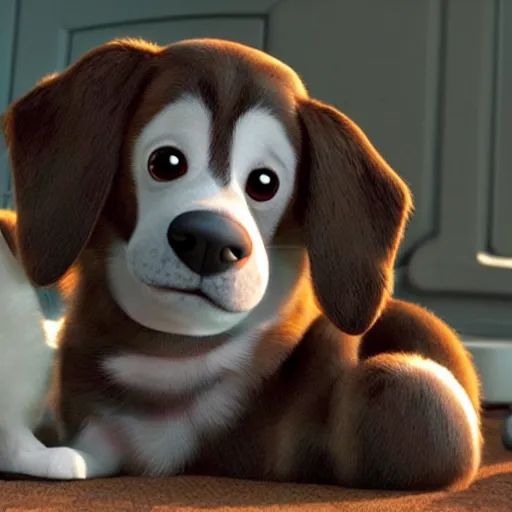 Image similar to insanely cute cuddling dog in pixar remake