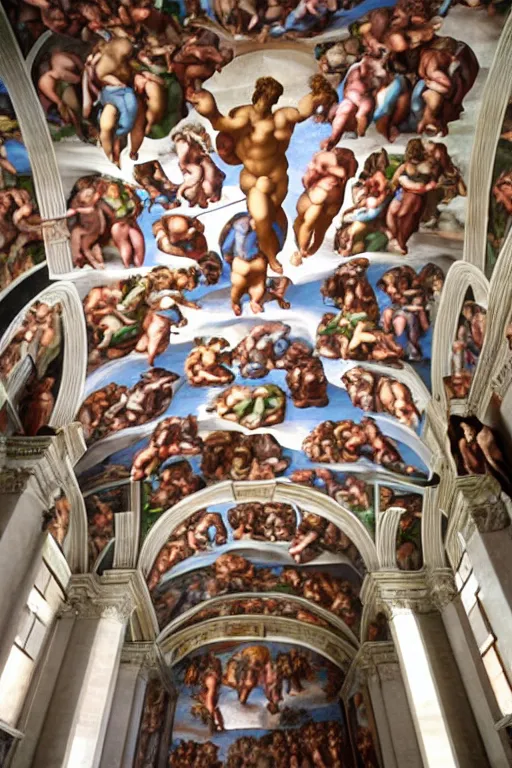 Prompt: sistine chapel, detailed, by michelangelo