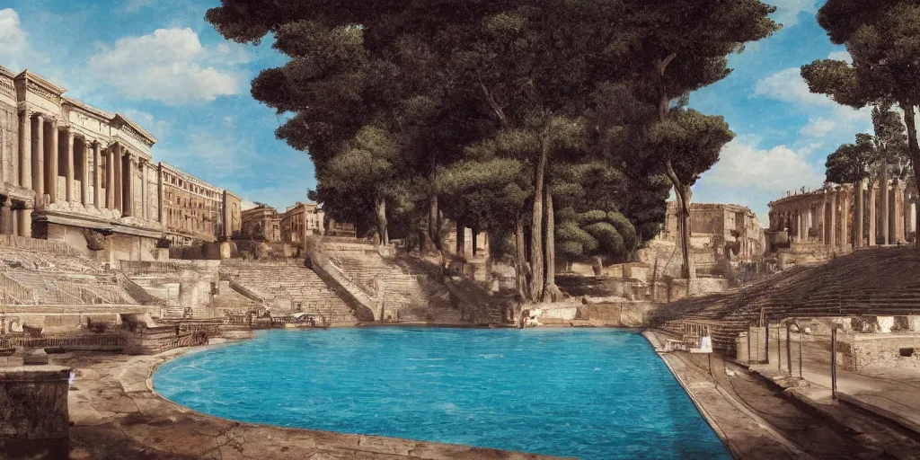 Image similar to a detailed photorealistic picture of an elegant pool in ancient Rome, shot in wide angle, photorealistic lighting, ultra detailed