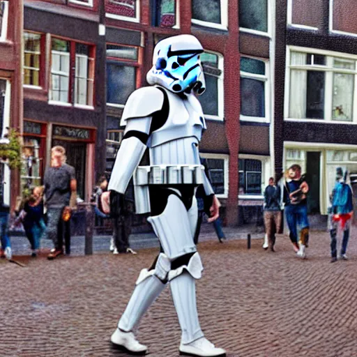 Prompt: a low - detailed picture of stormtroopers walking in amsterdam, digital art