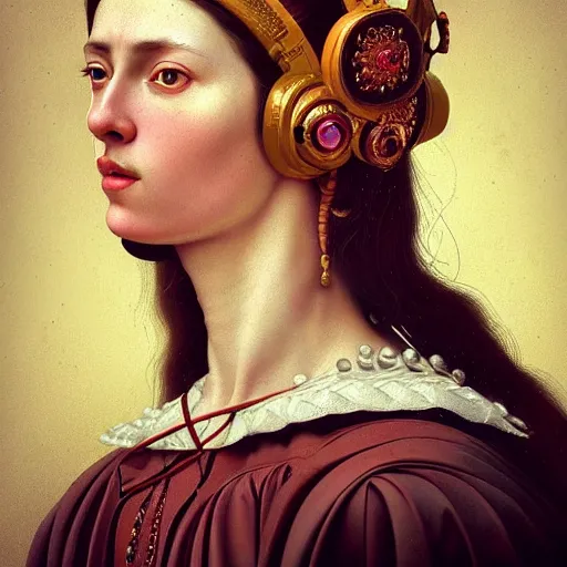 Prompt: Colour Caravaggio style Photography of Highly detailed beautiful Woman with 1000 years perfect face and wearing detailed Ukrainian folk costume designed by Taras Shevchenko also wearing highly detailed retrofuturistic headset designed by Josan Gonzalez. Many details In style of Josan Gonzalez and Mike Winkelmann and andgreg rutkowski and alphonse muchaand and Caspar David Friedrich and Stephen Hickman and James Gurney and Hiromasa Ogura. Rendered in Blender and Octane Render volumetric natural light