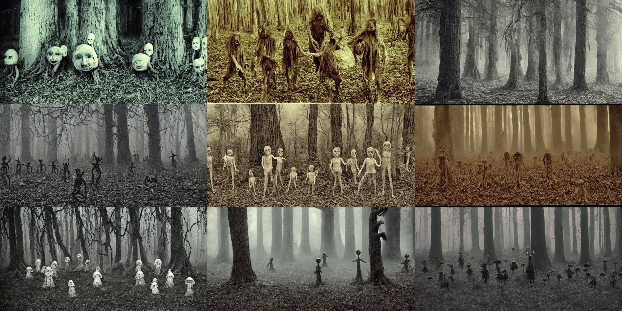 Prompt: mushroom demonic children, terrifying tortured tree monsters with distorted pained faces made of bark, lovecraftian eldritch horror, pans labyrinth, liminal, nightmare inducing, unsettling found footage, haunted, low quality grainy, foggy, bokehlicious, shot on expired kodak film, historical photograph