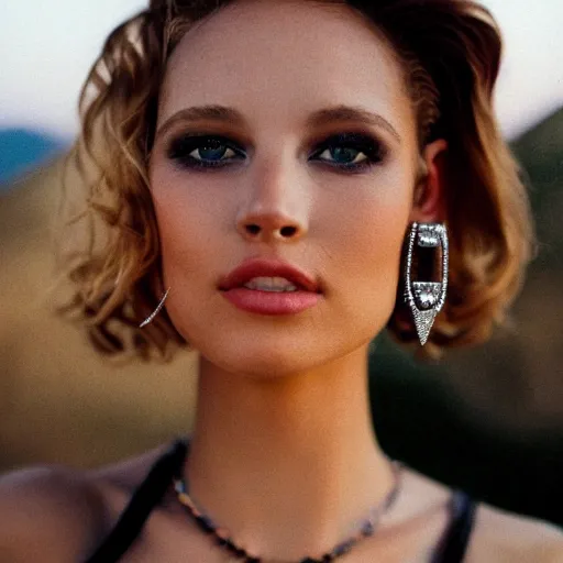 Prompt: a portrait of a beautiful woman with short blond messy hair, look like model, realistic, wearing diamond earrings and necklace and rings, black swimsuit, sitting near the pool, skinny, evening, los angeles landscape on background, 1 9 7 0 film photography